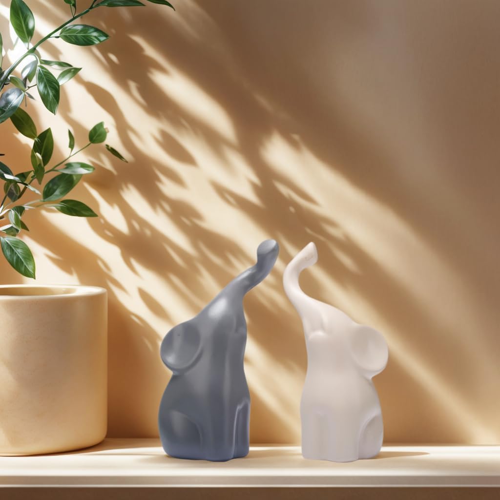 Nordic Resin Elephant Figurines – Set of 2 Minimalist Matte Sculptures for Modern Home Decor (6” Tall)