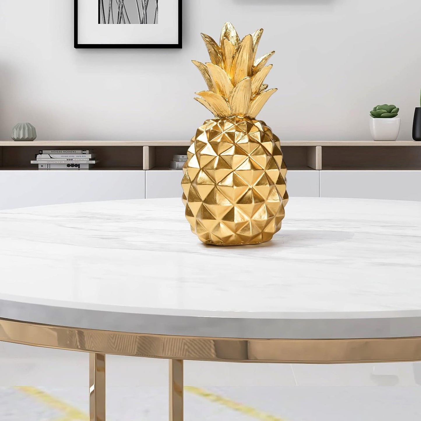 Gold Geometric Pineapple Sculpture – Resin Decorative Figurine for Home and Office (7.8in Tall)