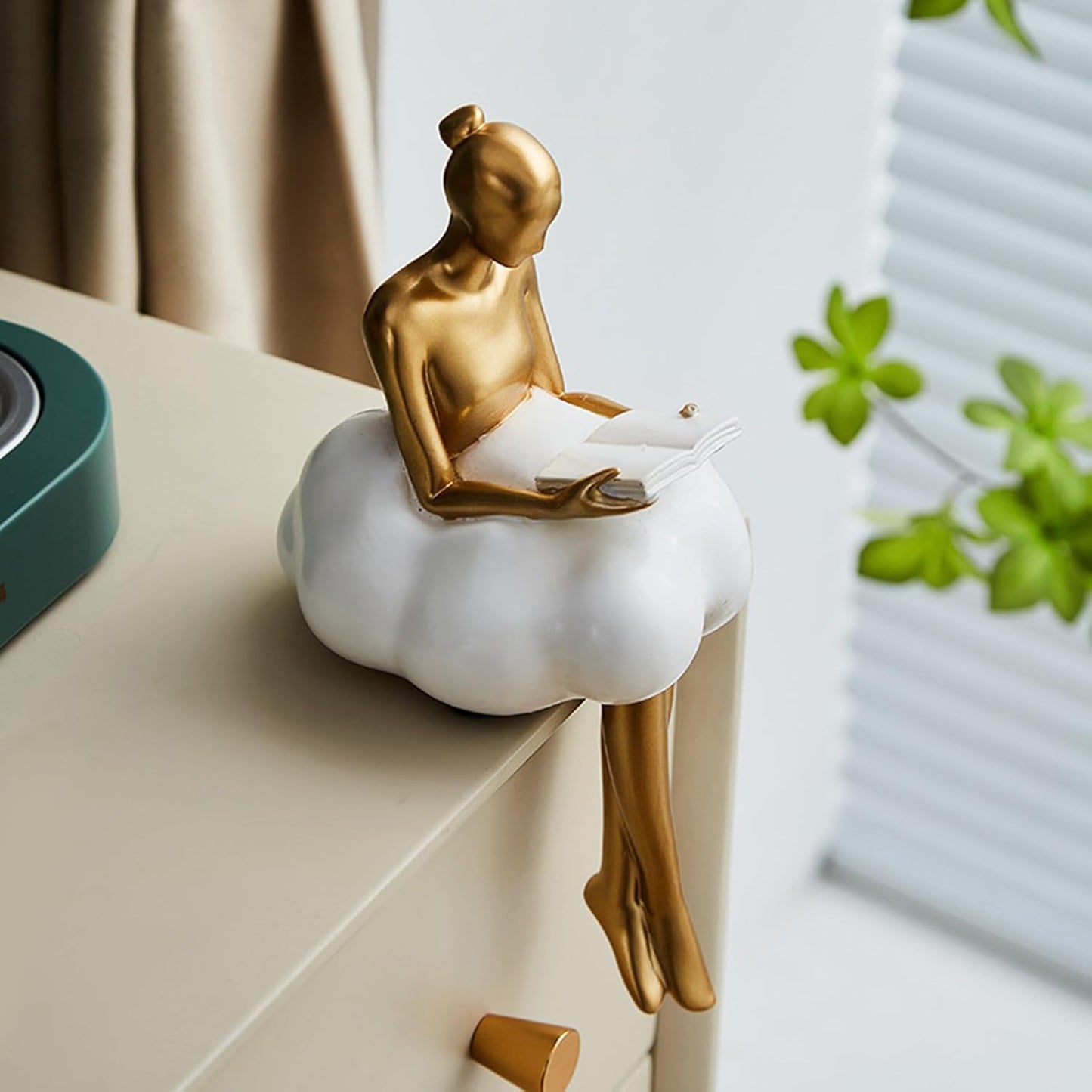 Set of 2 Cloud Girl Resin Sculptures – Gold Abstract Art Figurines Sitting on Clouds with Book and Moon