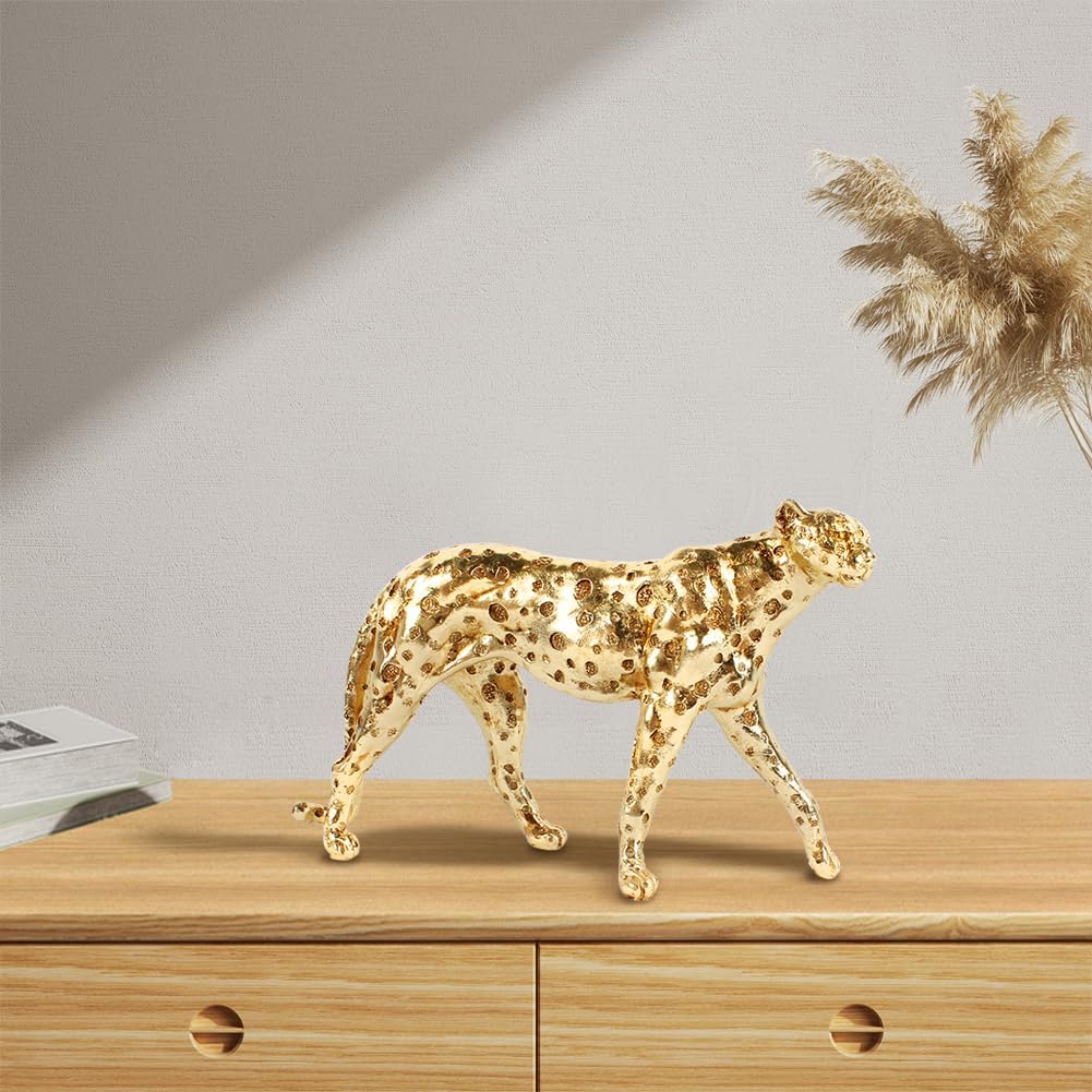 Luxury Gold Leopard Sculpture – 11" Modern Resin Cheetah Statue for Home & Office Decor