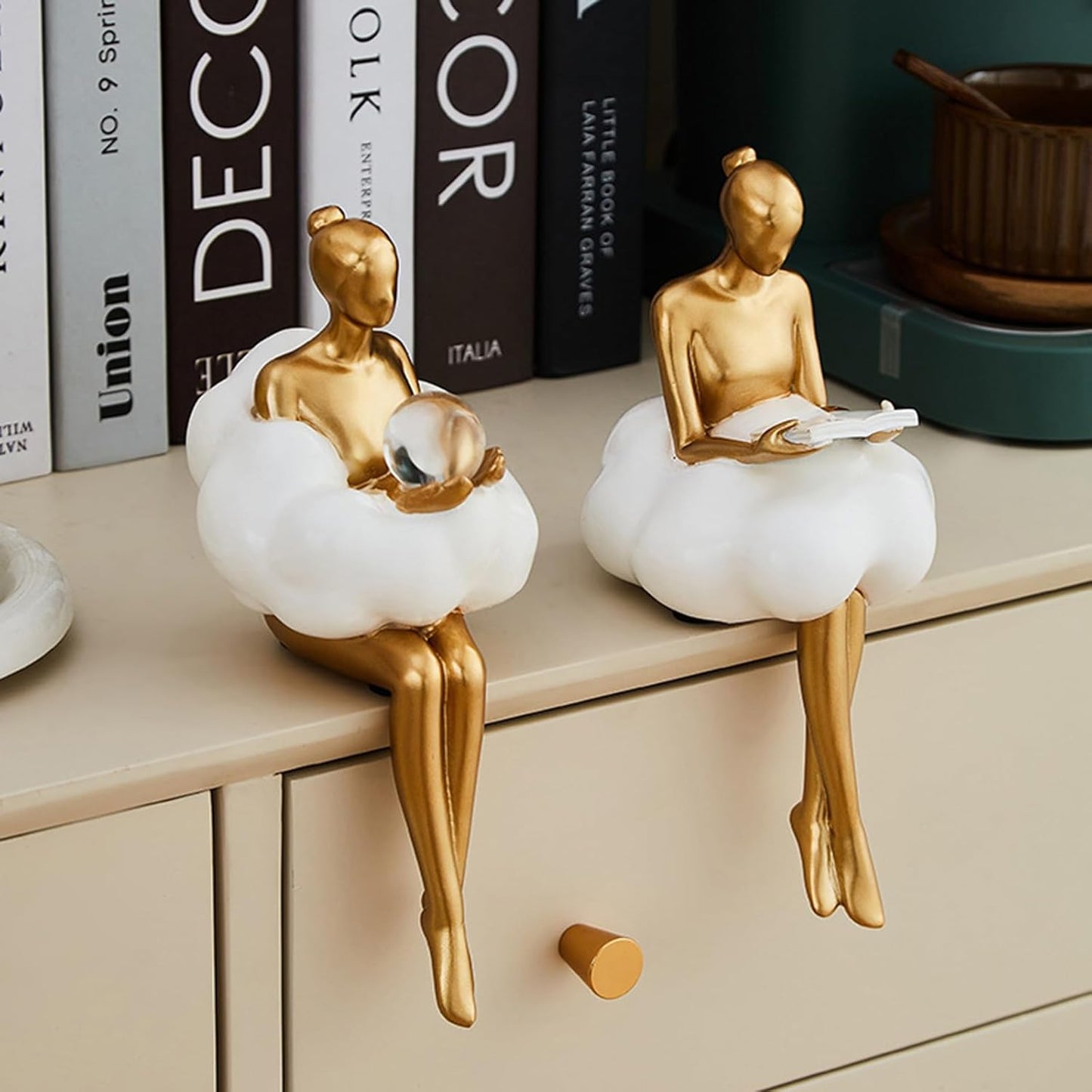 Set of 2 Cloud Girl Resin Sculptures – Gold Abstract Art Figurines Sitting on Clouds with Book and Moon