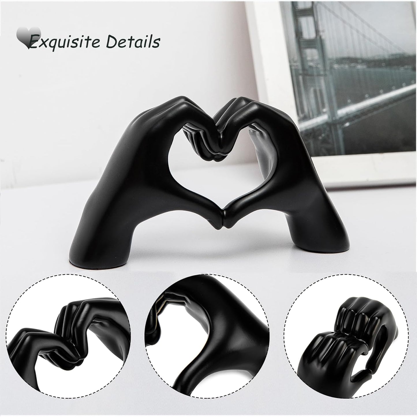 Small Black Heart-Hand Statue – Modern Resin Love Gesture Figurine