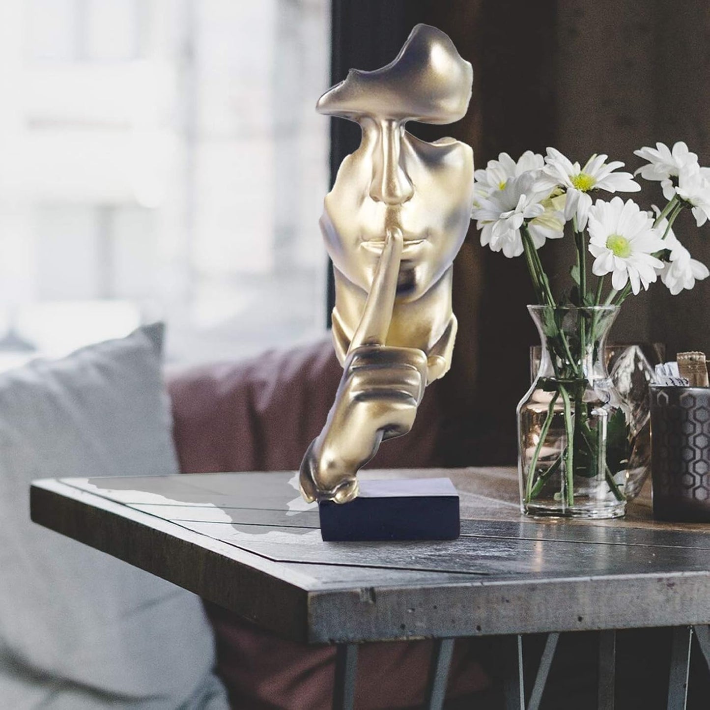 "Silence is Golden" Modern Abstract Resin Statue | 11.2-Inch Artistic Desktop Sculpture | Home & Office Decor