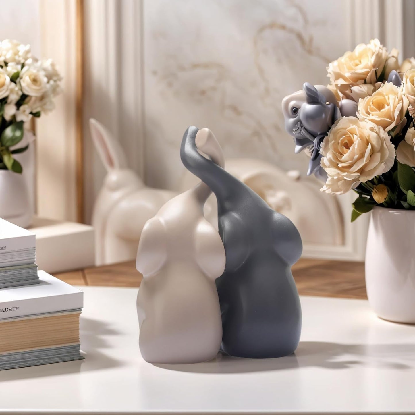 Nordic Resin Elephant Figurines – Set of 2 Minimalist Matte Sculptures for Modern Home Decor (6” Tall)