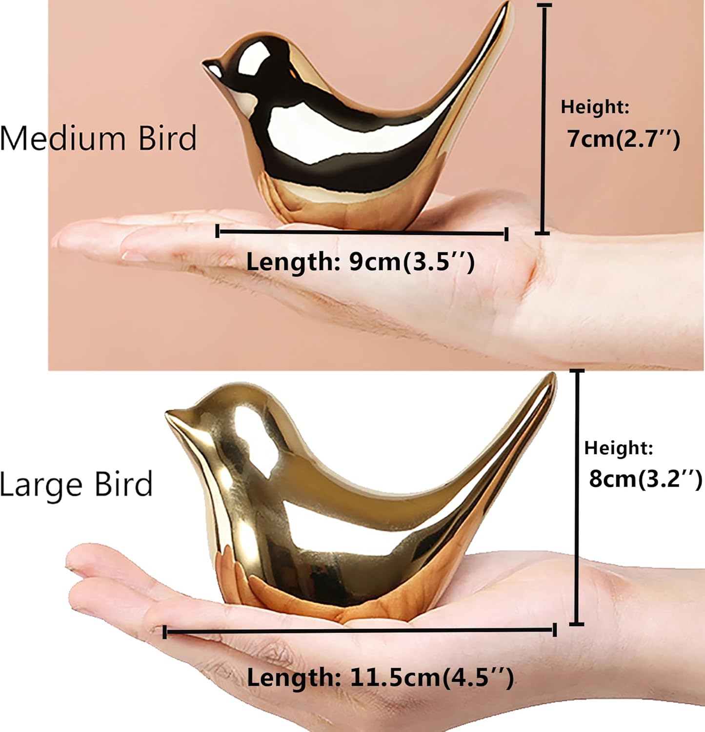 2-Piece Gold Ceramic Bird Figurines (Large & Medium Size) – Decorative Modern Sculptures for Home & Office