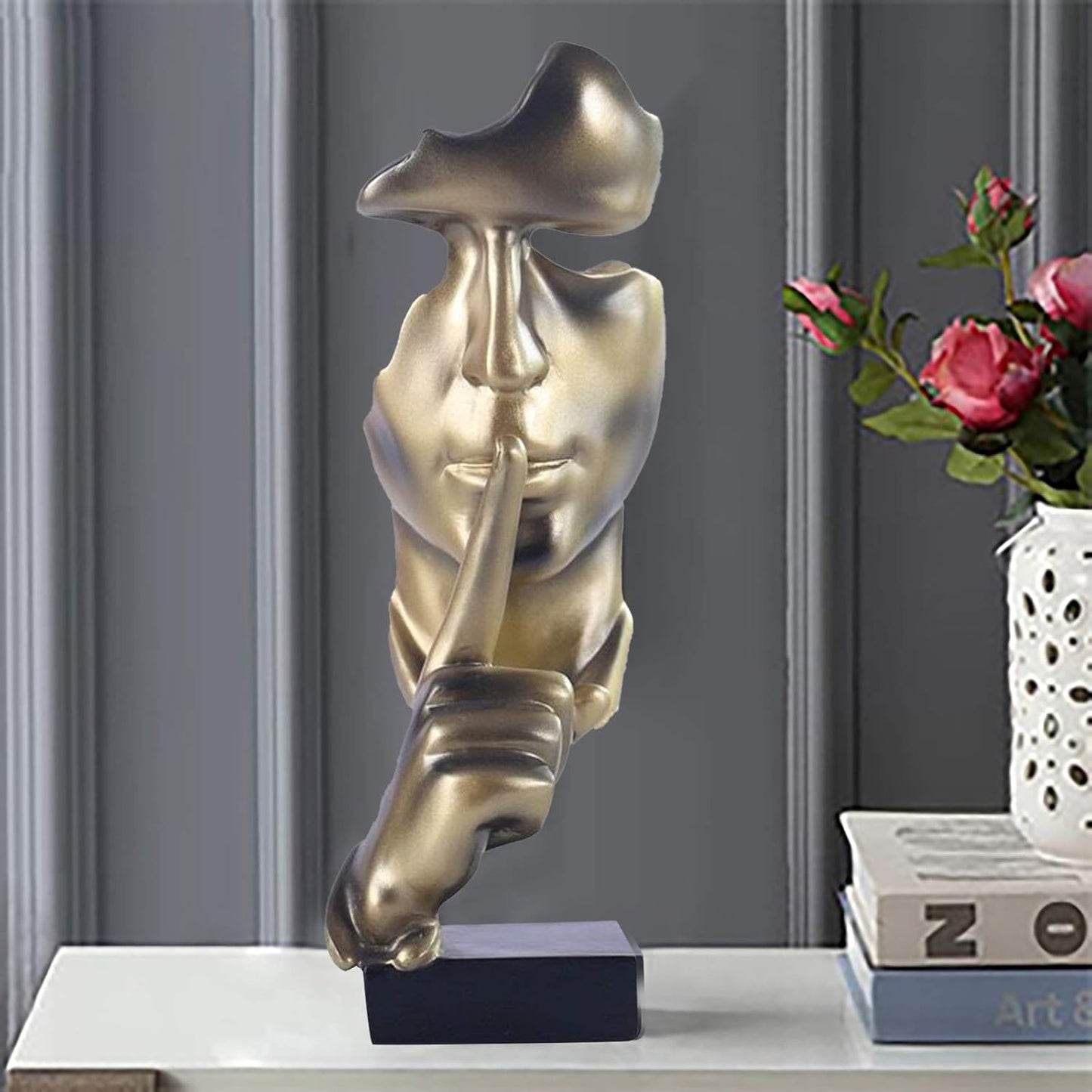 "Silence is Golden" Modern Abstract Resin Statue | 11.2-Inch Artistic Desktop Sculpture | Home & Office Decor