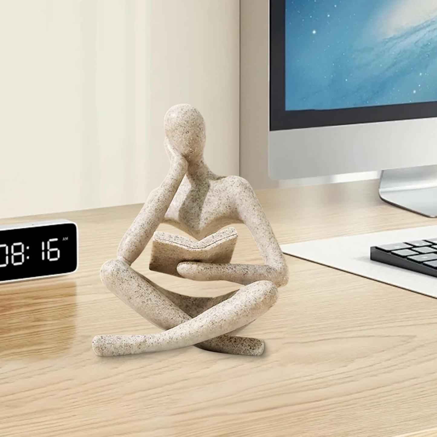 Modern Abstract Reading Figure Sculpture – Minimalist Resin Statue for Home Office Decor