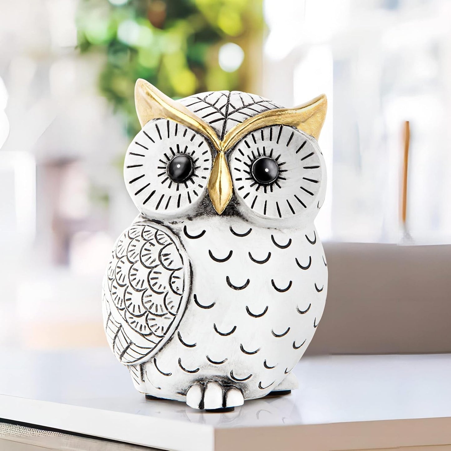 Nordic White & Gold Resin Owl Figurine – Abstract Home Decor Sculpture for Bookshelf, Desk, Living Room