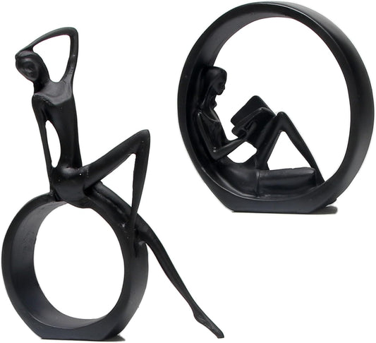 Modern Abstract Ring Sculpture Set – Minimalist Black Resin Figurines of Reader & Thinker for Home and Office Decor (Set of 2)