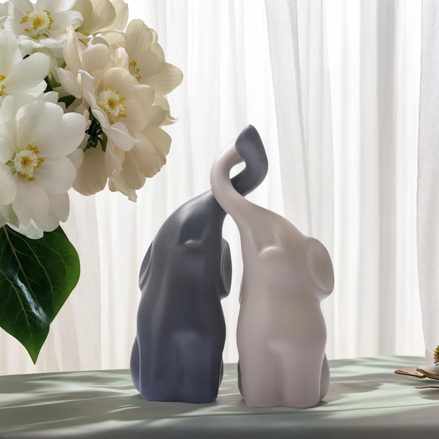 Nordic Resin Elephant Figurines – Set of 2 Minimalist Matte Sculptures for Modern Home Decor (6” Tall)