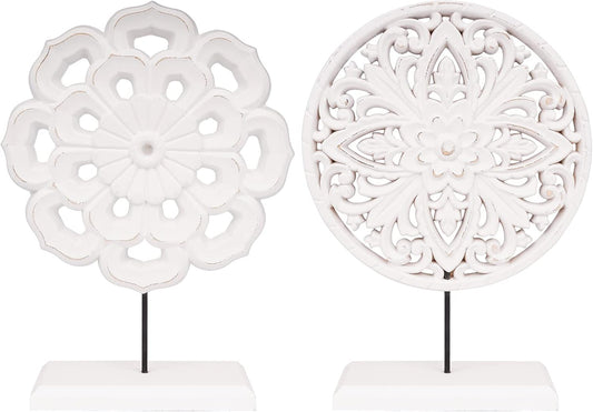 White European Carved Round Standing Sculpture (2 Designs) – Vintage Resin Hollow Pattern Art Decor