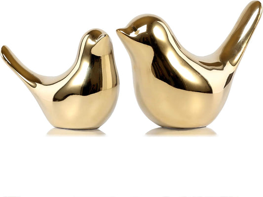 2-Piece Gold Ceramic Bird Figurines (Large & Medium Size) – Decorative Modern Sculptures for Home & Office